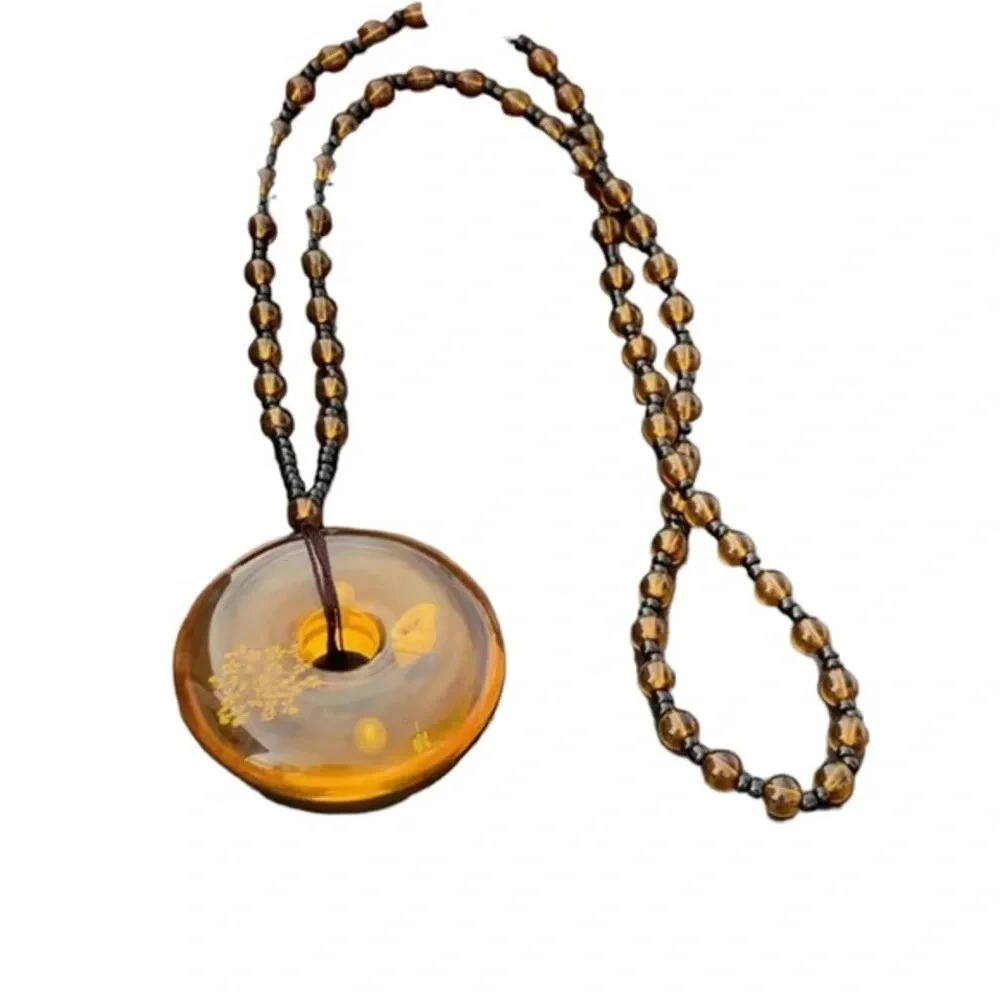 Amber Beeswax Resin Pendant Necklace Beaded Chain - Picture 3 of 4